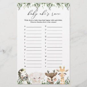 Papier Safari Animaux Baby shower ABC's Race Game