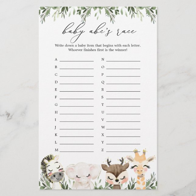 Papier Safari Animaux Baby shower ABC's Race Game (Devant)