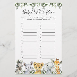Papier Safari Animaux Baby shower ABC's Race Game