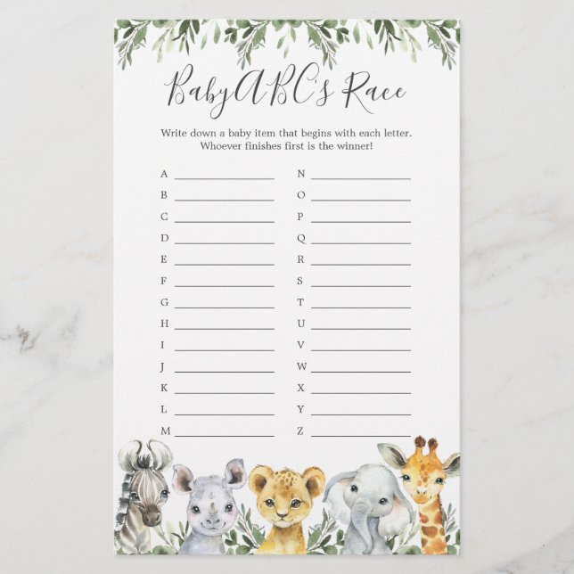 Papier Safari Animaux Baby shower ABC's Race Game (Devant)
