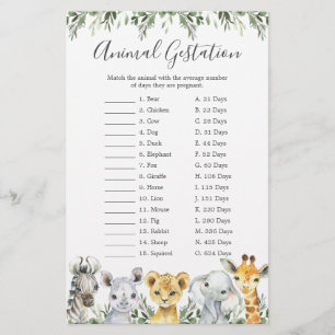 Papier Safari Animaux Baby shower Animal Gestation Jeu