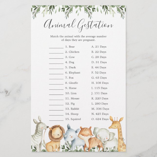 Papier Safari Animaux Baby shower Animal Gestation Jeu (Devant)