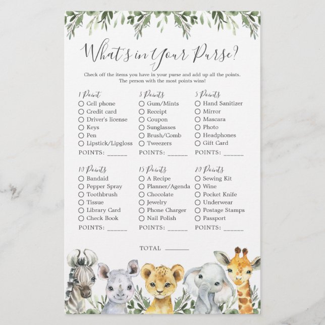 Papier Safari Animaux Baby shower Ce qui est dans votre s (Devant)