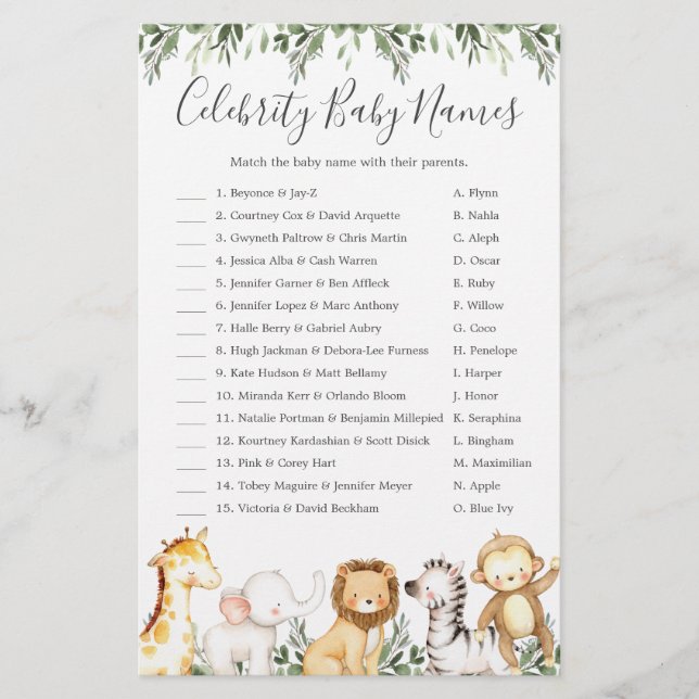 Papier Safari Animaux Baby shower célébrité Noms de bébé (Devant)