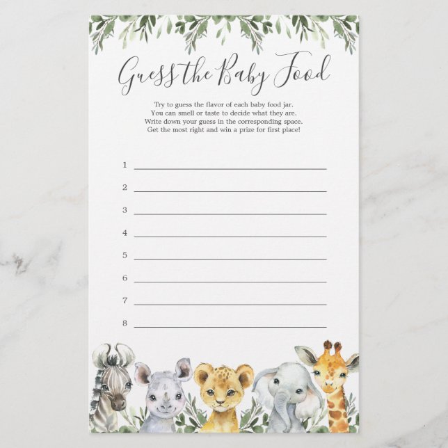Papier Safari Animaux Baby shower Devinez La Nourriture P (Devant)
