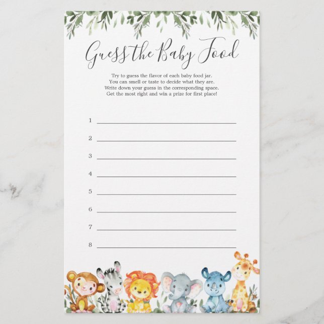 Papier Safari Animaux Baby shower Devinez La Nourriture P (Devant)