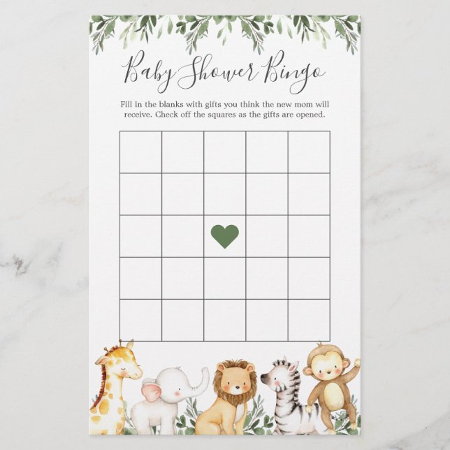 Papier Safari Animaux Baby shower Jeu de Bingo (Devant)