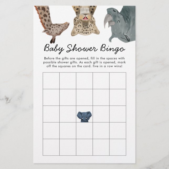 Papier Safari Animaux Baby shower Jeu de Bingo (Devant)
