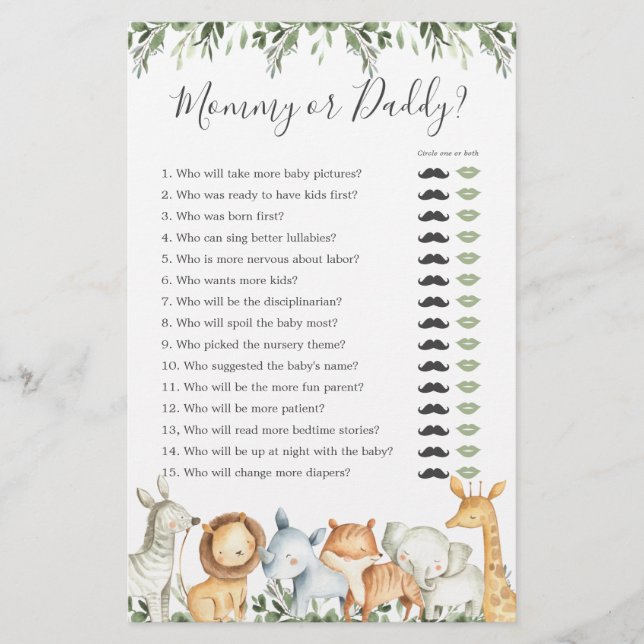Papier Safari Animaux Baby shower maman ou papa jeu (Devant)