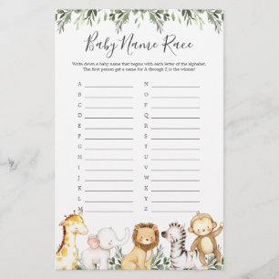 Papier Safari Animaux Baby shower Nom de course Jeu