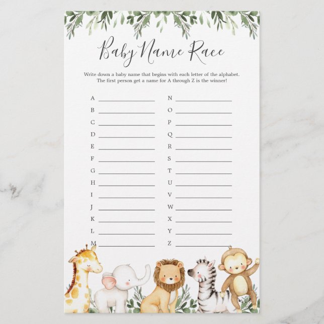 Papier Safari Animaux Baby shower Nom de course Jeu (Devant)