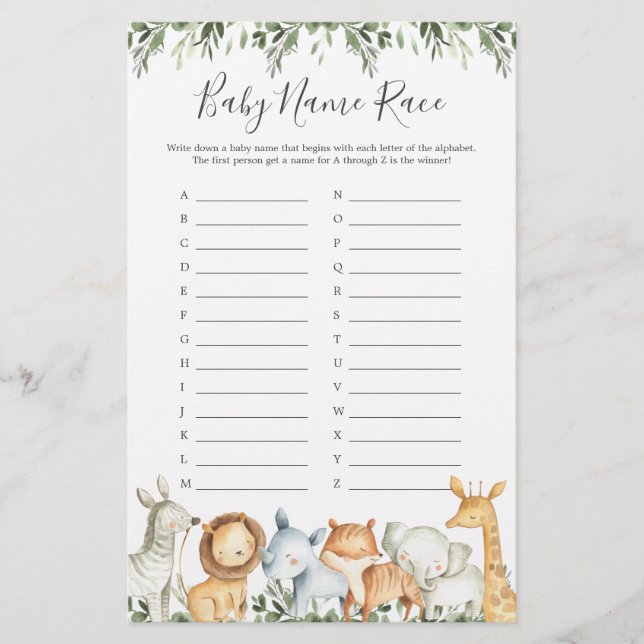 Papier Safari Animaux Baby shower Nom de course Jeu (Devant)