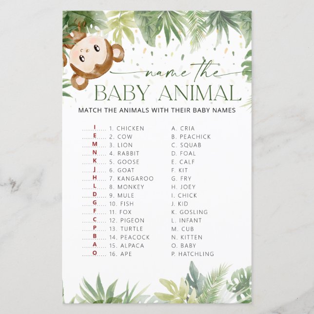Papier Safari Animaux Baby shower Nom de l'animal bébé (Devant)