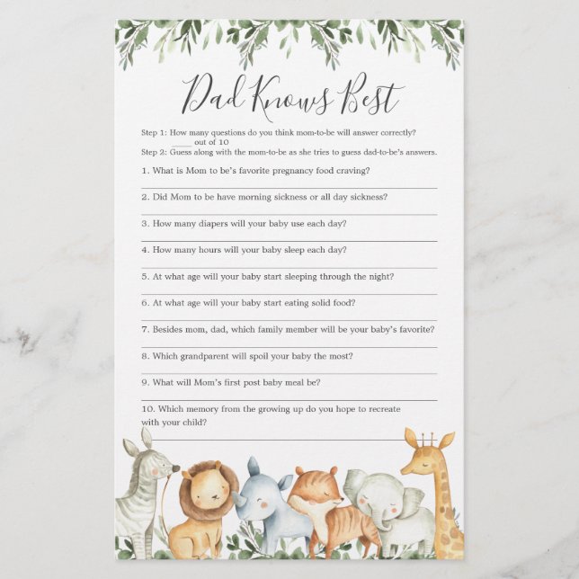 Papier Safari Animaux Baby shower Papa connaît le meilleu (Devant)