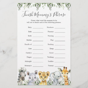 Papier Safari Animaux Baby shower Terminer la phrase de m