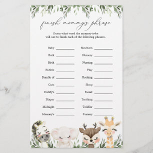 Papier Safari Animaux Baby shower Terminer la phrase de m