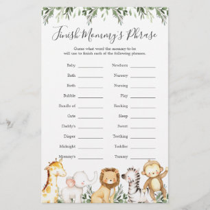 Papier Safari Animaux Baby shower Terminer la phrase de m