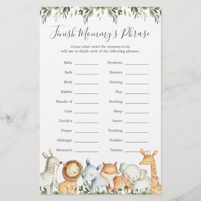 Papier Safari Animaux Baby shower Terminer la phrase de m (Devant)