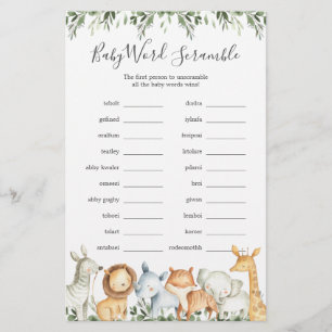 Papier Safari Animaux Baby shower Word Scramble Jeu