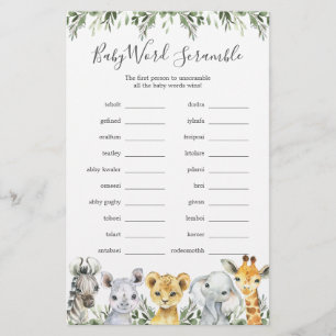 Papier Safari Animaux Baby shower Word Scramble Jeu