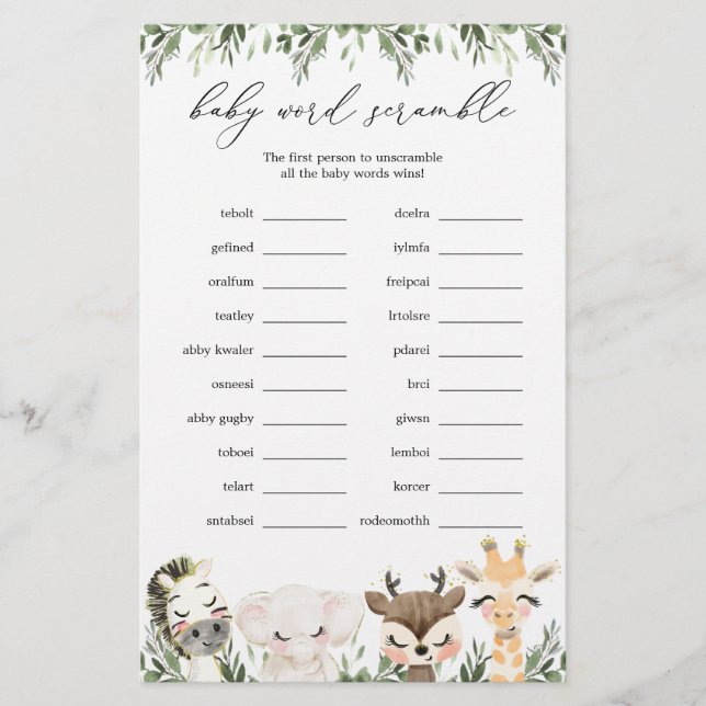 Papier Safari Animaux Baby shower Word Scramble Jeu (Devant)