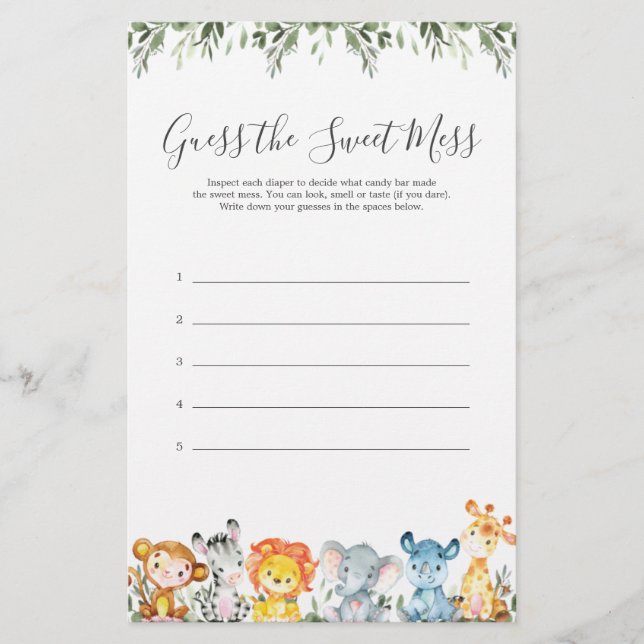 Papier Safari Animaux Baby showers Devinez Le Mess Sweet (Devant)