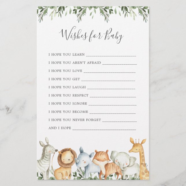 Papier Safari Animaux Baby showers Voeux Pour Bébé (Devant)