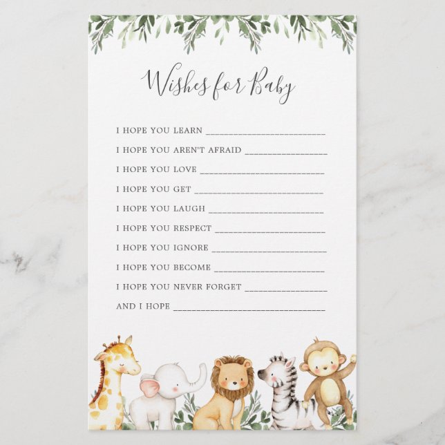 Papier Safari Animaux Baby showers Voeux Pour Bébé (Devant)