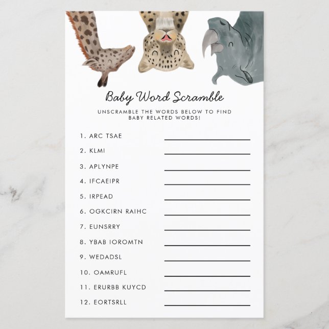 Papier Safari Animaux Baby Word Scramble Jeu (Devant)