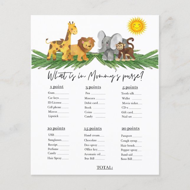 Papier Safari Animaux Mummy's Purse Baby shower Jeu (Devant)