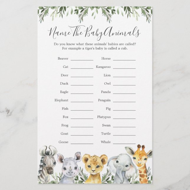 Papier Safari Animaux Nom du Baby shower Les Bébés Animau (Devant)