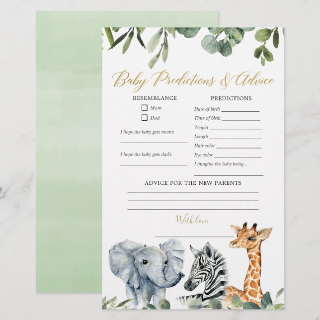 Papier Safari animaux verdure bébé prédictions conseils (Devant / Derrière)