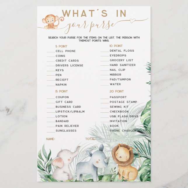 Papier Safari Baby Animal What's In Your Purse jeu (Devant)