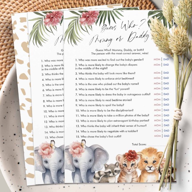 Papier Safari Baby Girl Douche Guess Who maman ou papa (Safari Animals, baby Girl Shower game, Guess Who, Mommy or Daddy?)