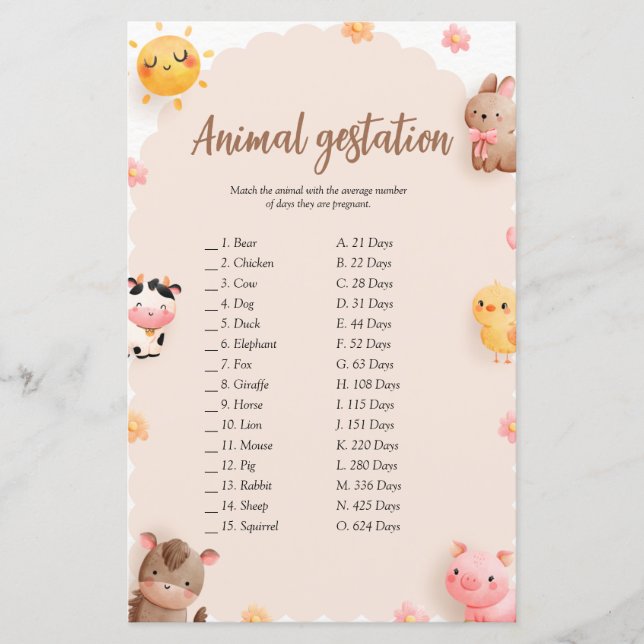 Papier Safari Baby shower Animal Gestation Jeu (Devant)