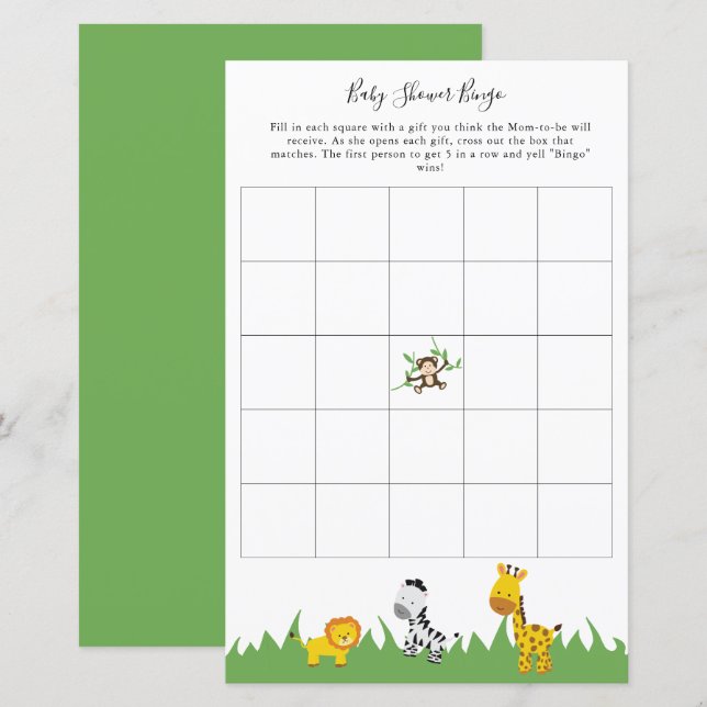 Papier Safari Baby shower Bingo Party Jeu mignons Animaux (Devant / Derrière)