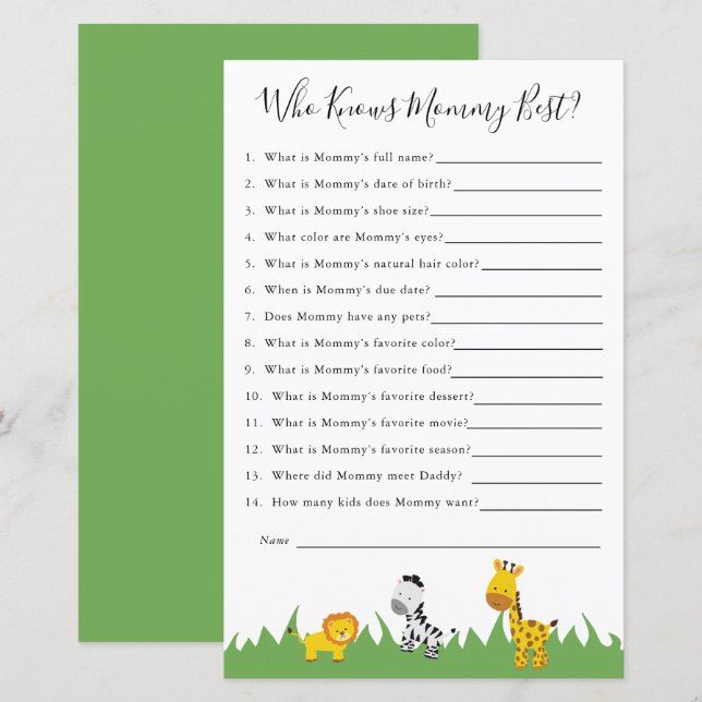 Papier Safari Baby shower Jeu Qui Connaît Maman Meilleur (Devant / Derrière)