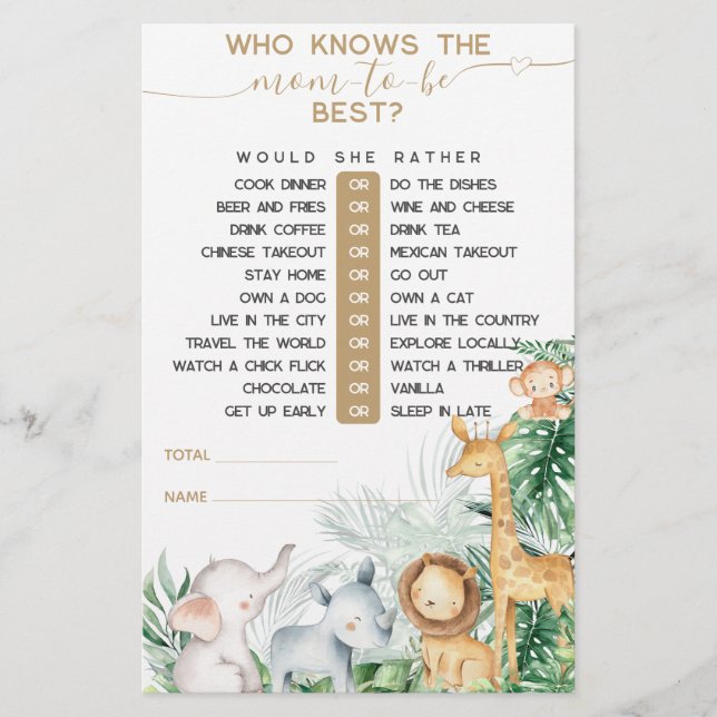 Papier Safari Bébé Animaux Verdure jeu de Baby shower (Devant)