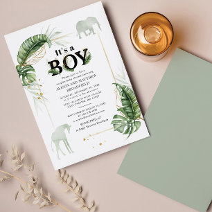 Papier Safari Boy Baby shower Elephant Giraffe Invitation