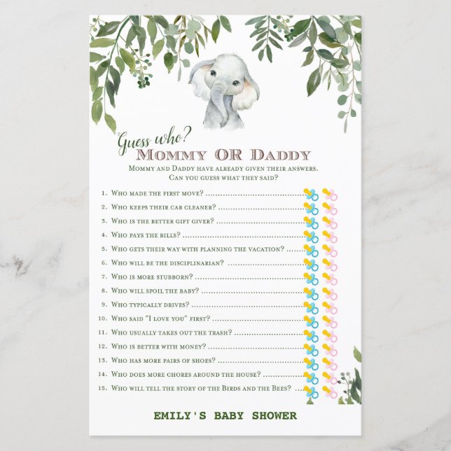 Papier Safari Jungle Elephant Baby shower Jeu IMPRIMÉ (Devant)