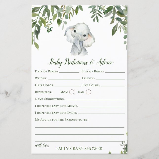 Papier Safari Jungle Elephant Baby shower Jeu IMPRIMÉ (Devant)
