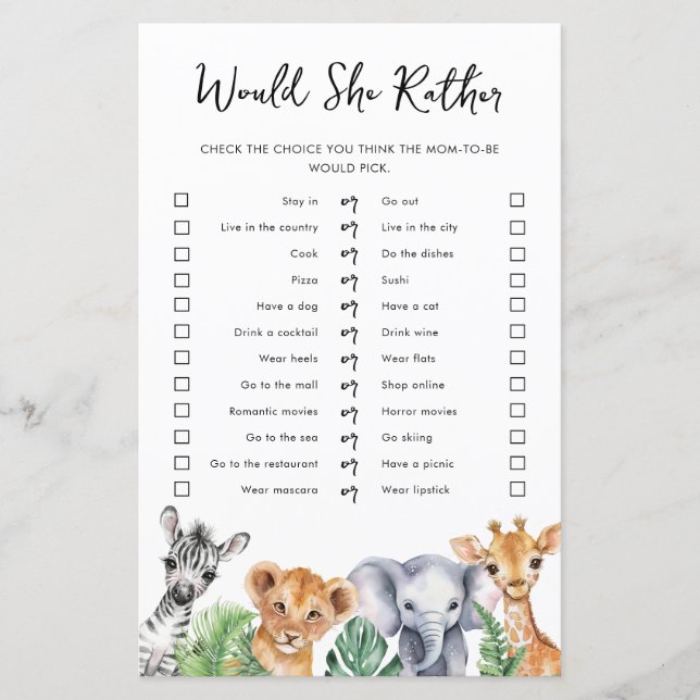 Papier Safari préférerait-elle Baby shower Game Card (Devant)