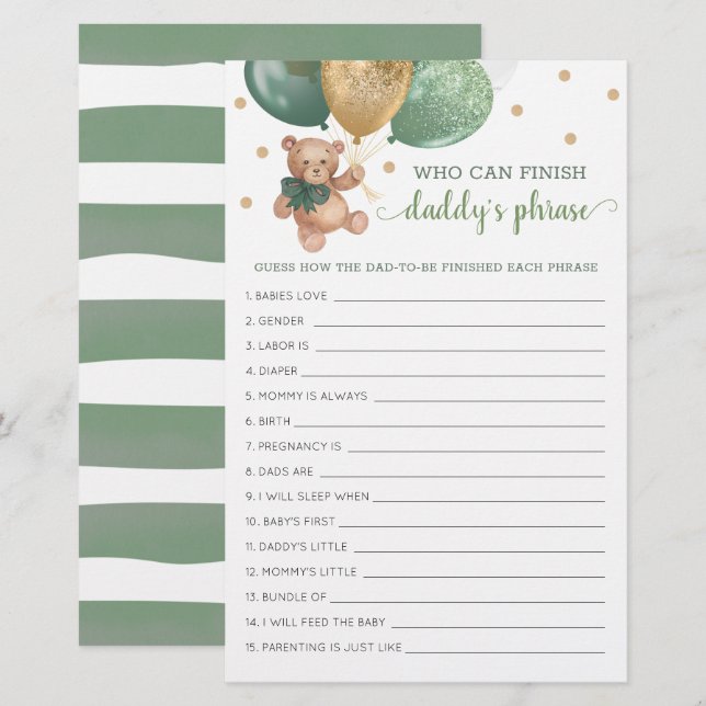 Papier Sage Baby shower Daddy's Phrase Jeu Teddy Bear (Devant / Derrière)