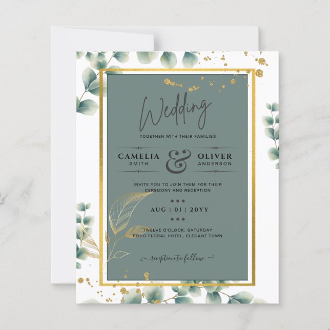 Papier Sage de Faire-part de mariage d'or vert botanique (Devant)