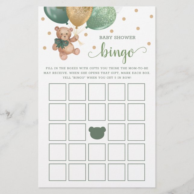 Papier Sage Green Baby shower Bingo Jeu Teddy Bear (Devant)
