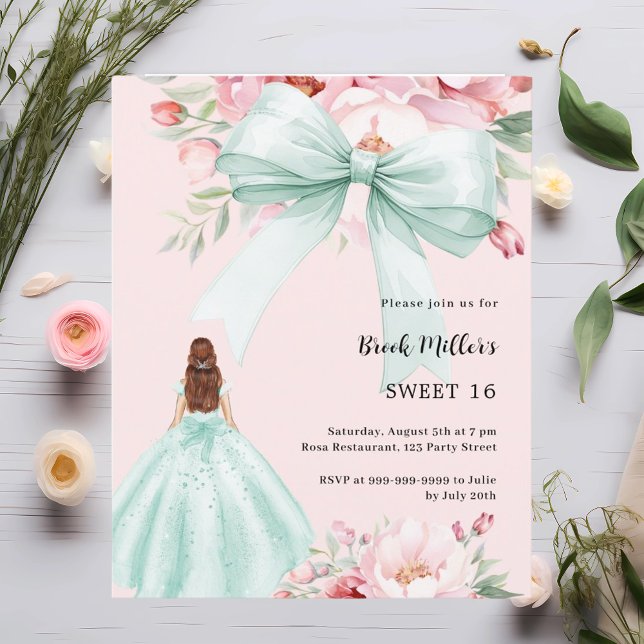 Papier Sage green bow dress rose Sweet 16 invitation (Créateur téléchargé)
