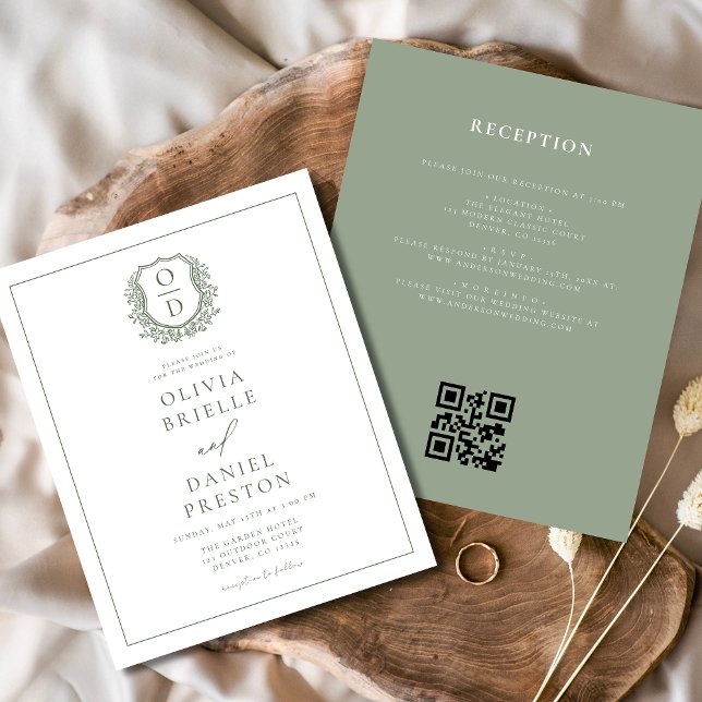 Papier Sage Green Crest Monogram Mariage QR Code (Créateur téléchargé)