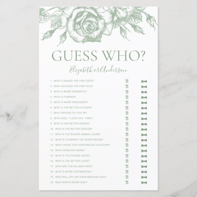 Papier Sage Green Floral Devinez Qui Fête des mariées Jeu (Devant)