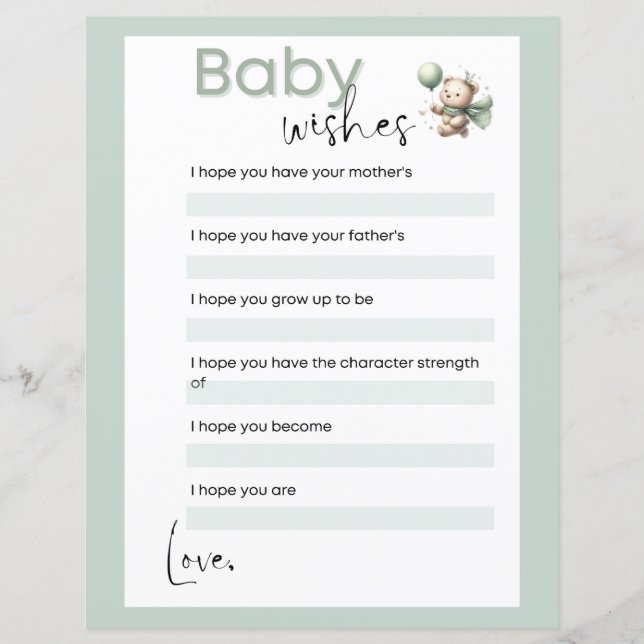 Papier Sage Green Ours Bébé Voeux Baby shower Jeu (Devant)