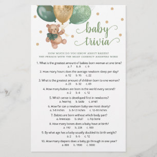 Papier Sage Green Teddy Bear Baby Trivia Baby shower de j